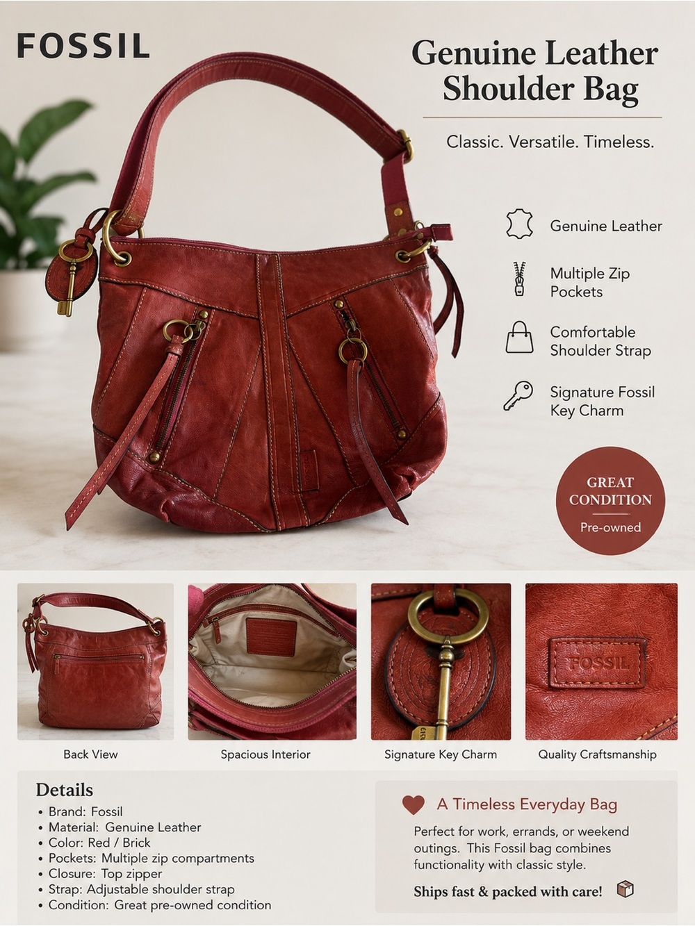 Fossil Red Leather Shoulder Bag
